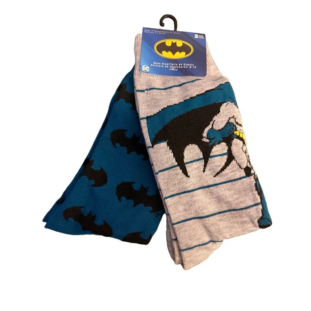 Batman Socks 2 Pair Long Socks Mens Shoe Size 6-12 Blue Gray Superhero New